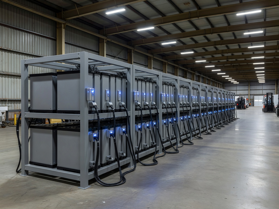 Battery charging racks with temperature monitoring sensors inside urban logistics depot