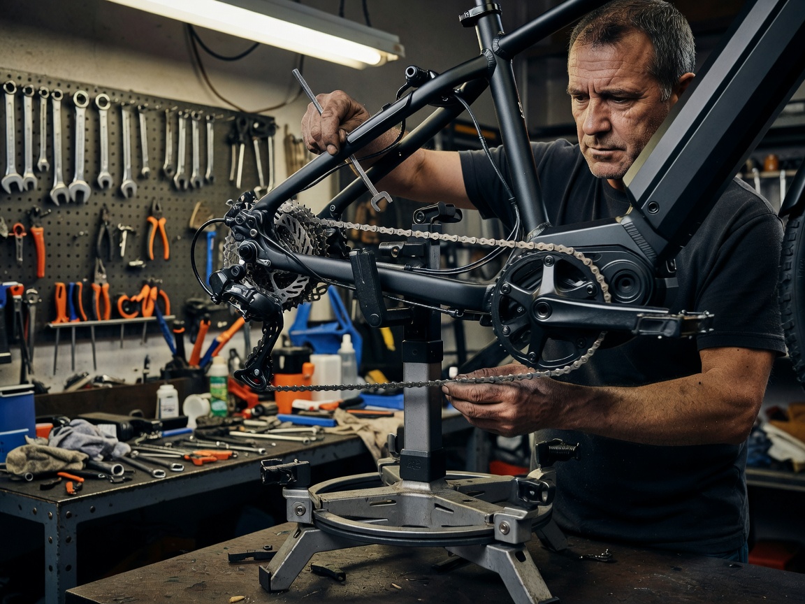 Bicycle mechanic servicing hydraulic disc brakes and drive chain on e-bike work stand