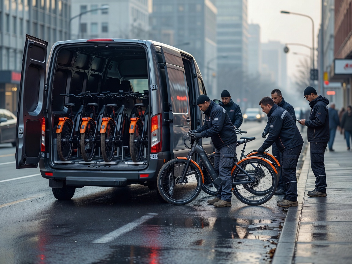 Electric cargo logistics van loaded with urban rental e-bikes during morning rebalancing