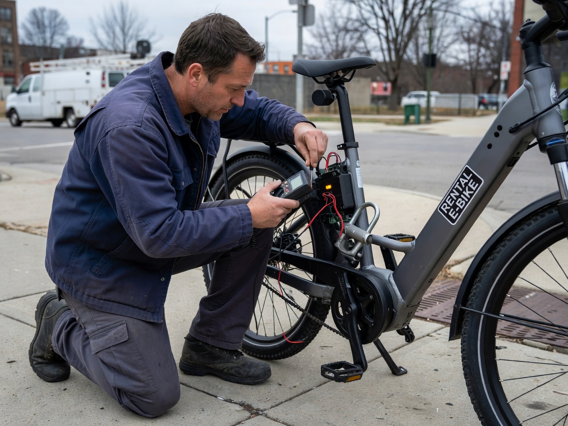 Field technician checking operational locks and telemetry module on rental e-bike