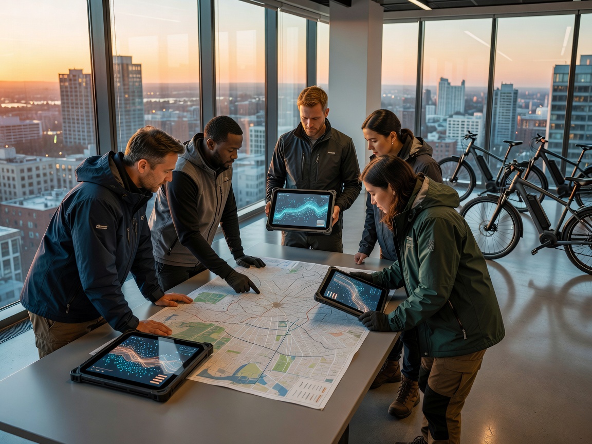 Operations team reviewing city map and e-bike fleet capacity planning on technical tablets